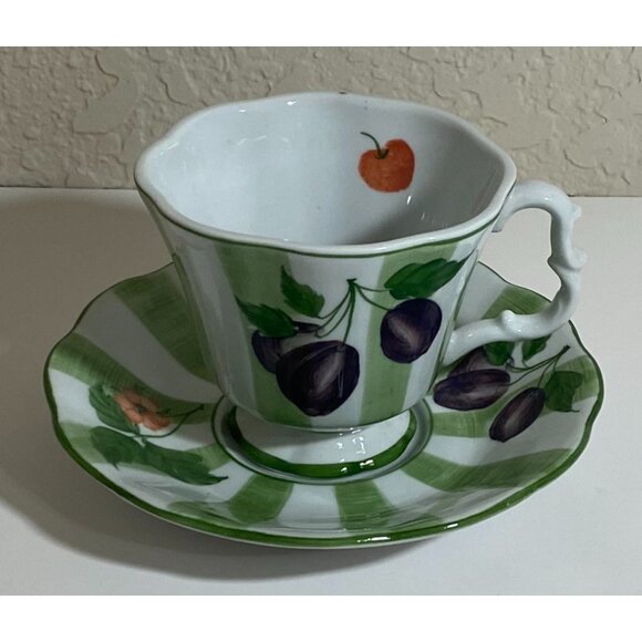 Green & White Striped Fruit Floral Teacup and Saucer Set - Picture 1 of 9